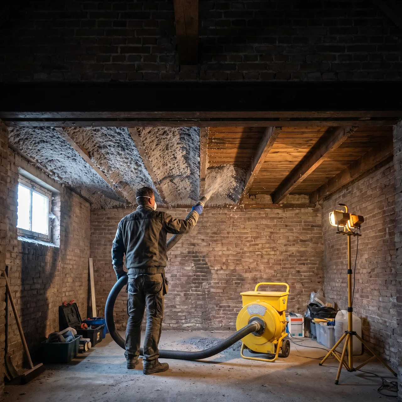 Cellulose-isolatie wordt tegen het plafond van een souterrain ingeblazen